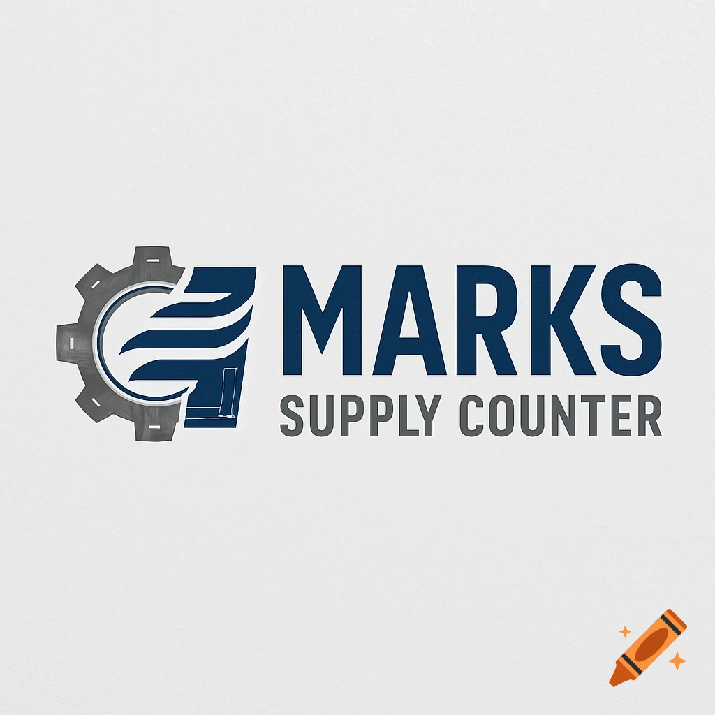 A modern logo for Marks Supply Counter featuring a blue and gray gear with stylized airflow lines.