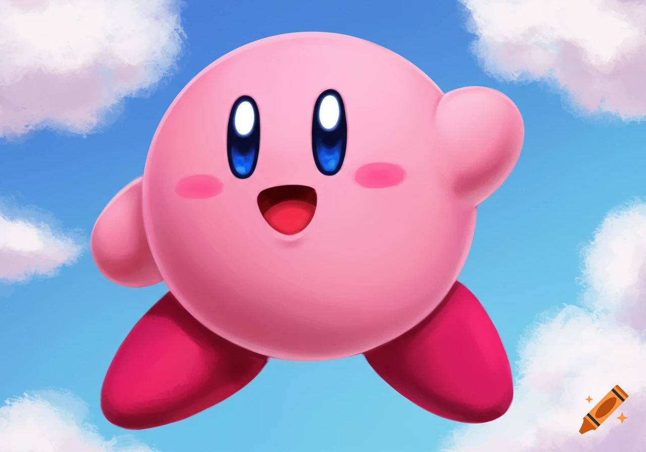 Pink spherical Kirby with big blue eyes and open mouth, floating in a blue sky with white clouds.