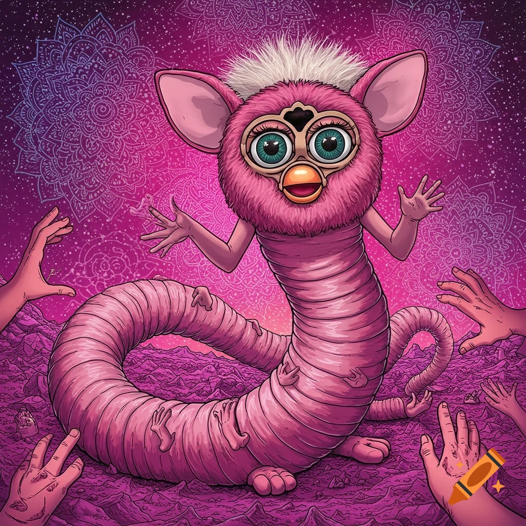 A psychedelic illustration of a pink Furby head on a segmented worm body with realistic human hands and feet, surrounded by mandalas.