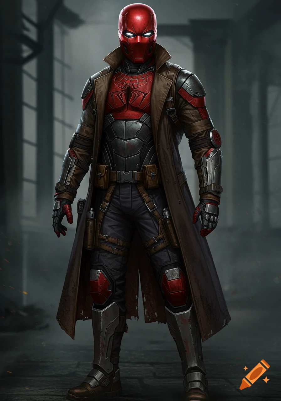 An armored Red Hood in a dark trench coat stands in a gritty, cinematic setting.