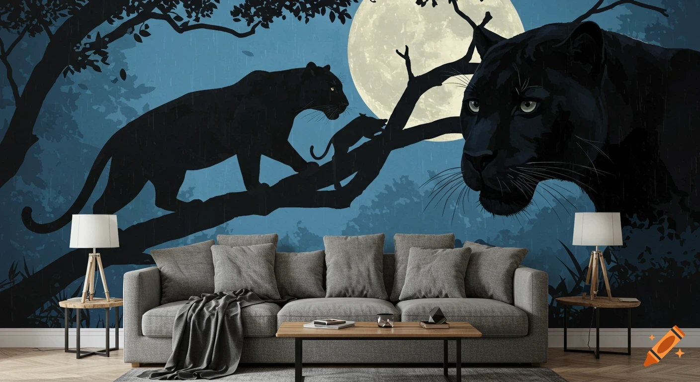 A wall mural depicting black panthers on a tree at night under a full moon, above a grey sofa.