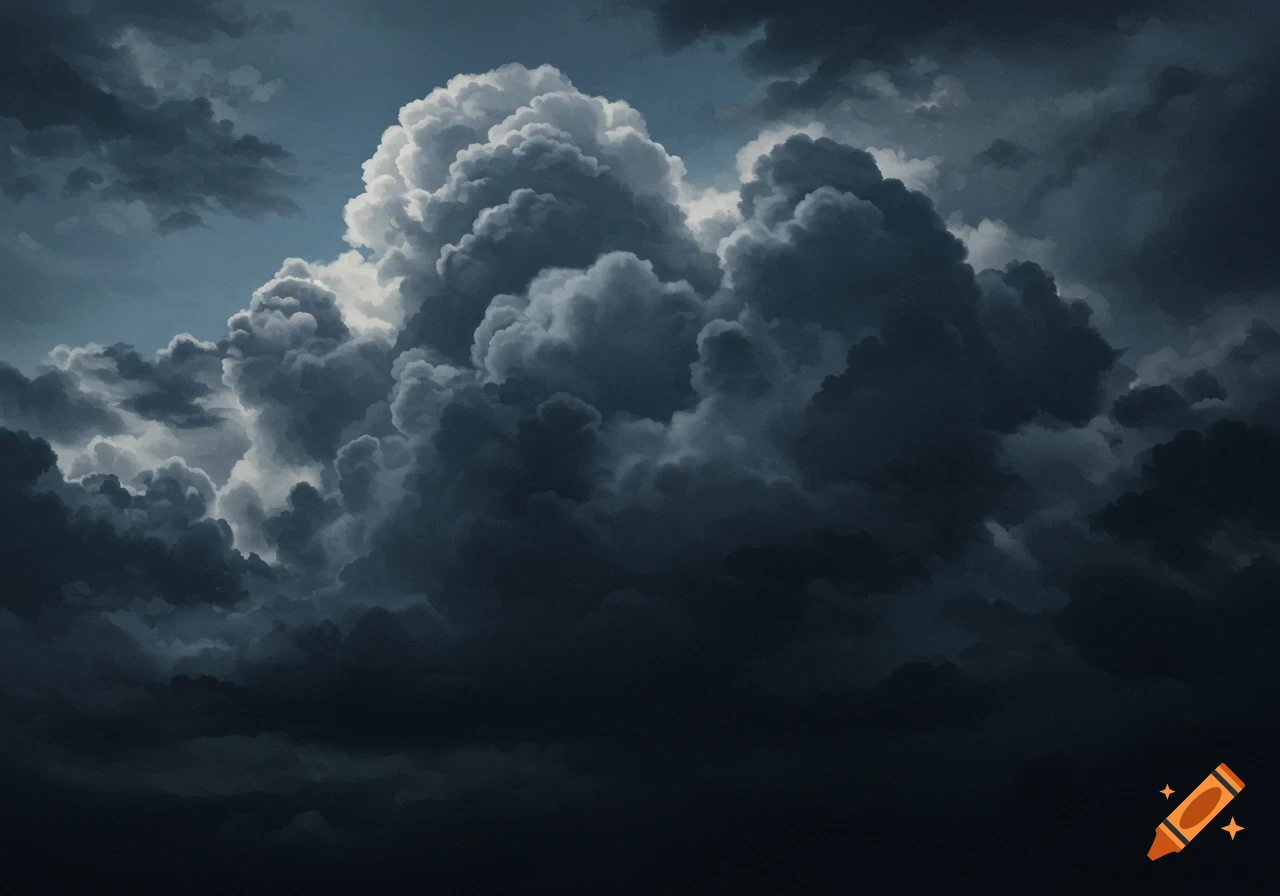 A dramatic and dark sky filled with voluminous, heavy clouds with hints of bright light.