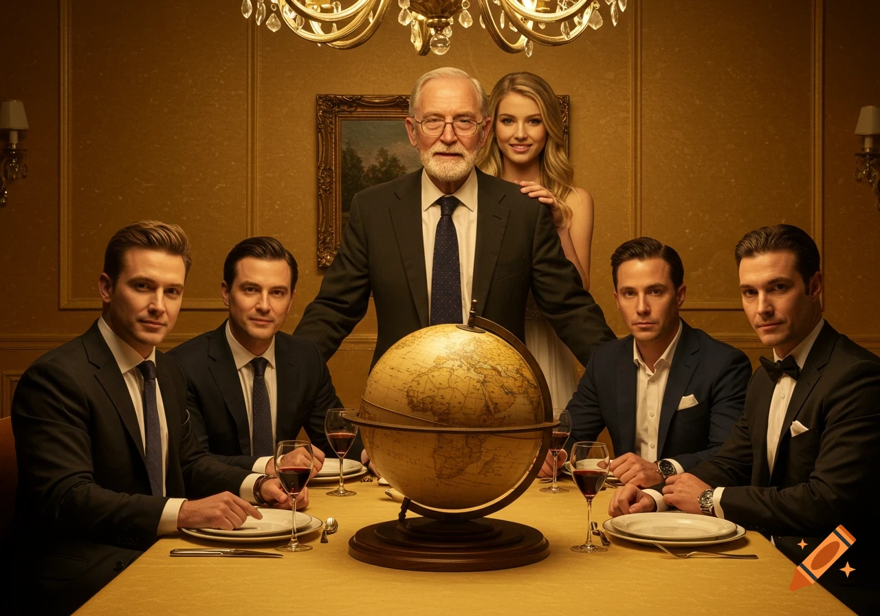A formal dinner with an older man, a woman, and four men around a table with a globe centerpiece in a luxurious amber-gold room.