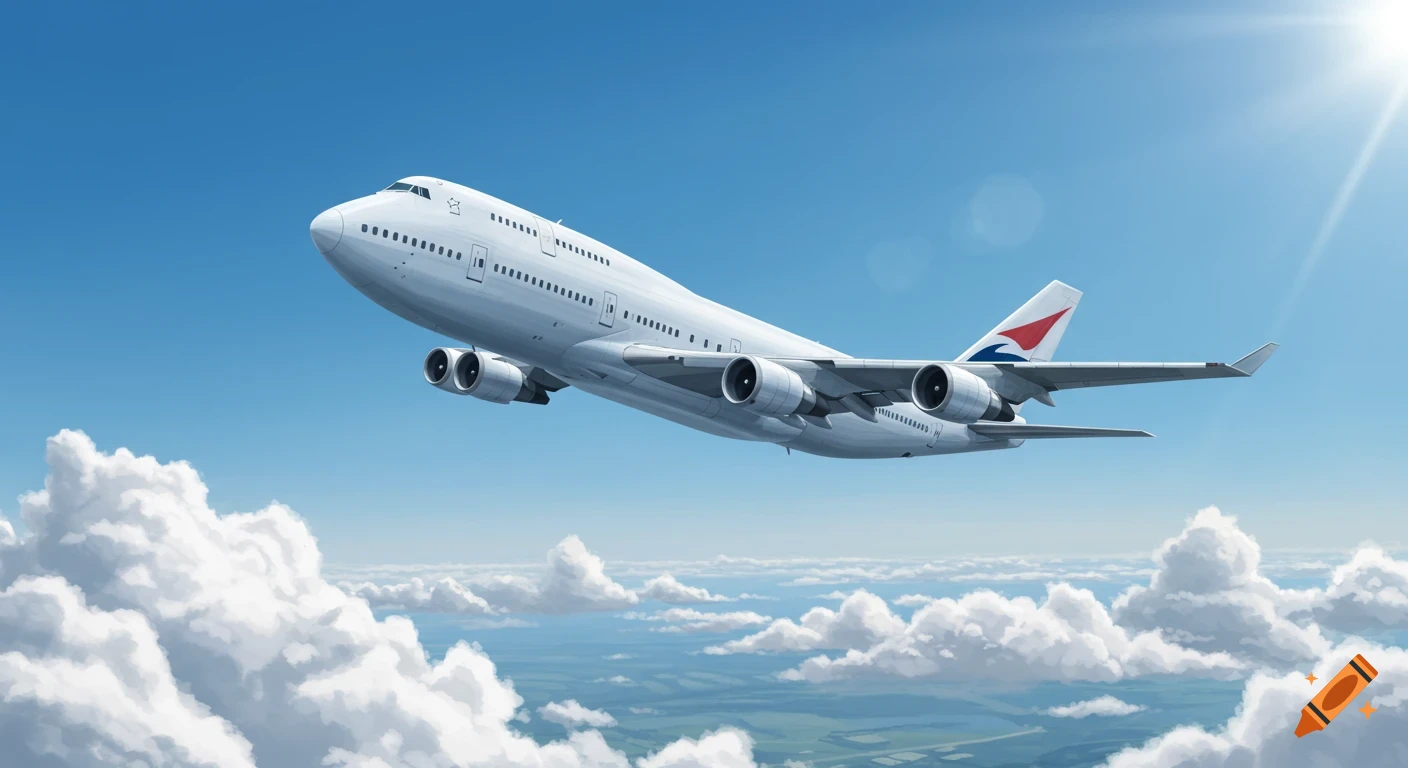 A large white Boeing 747 airplane flying through a clear blue sky above scattered white clouds and green landscape.