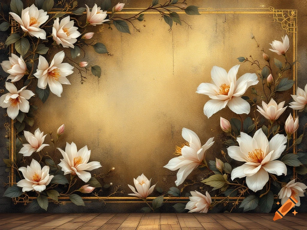 White flowers and green leaves frame a textured gold background with a wooden floor below.