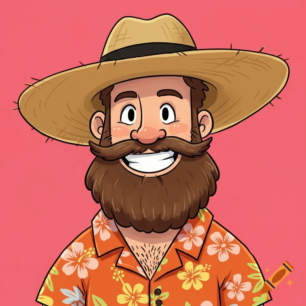 A cartoon man with a beard and mustache, wearing a straw hat and an orange Hawaiian shirt, smiling.