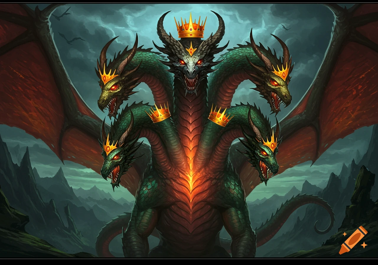 A formidable multi-headed green dragon with red eyes and golden crowns, set against a dark, mountainous landscape under a stormy sky.