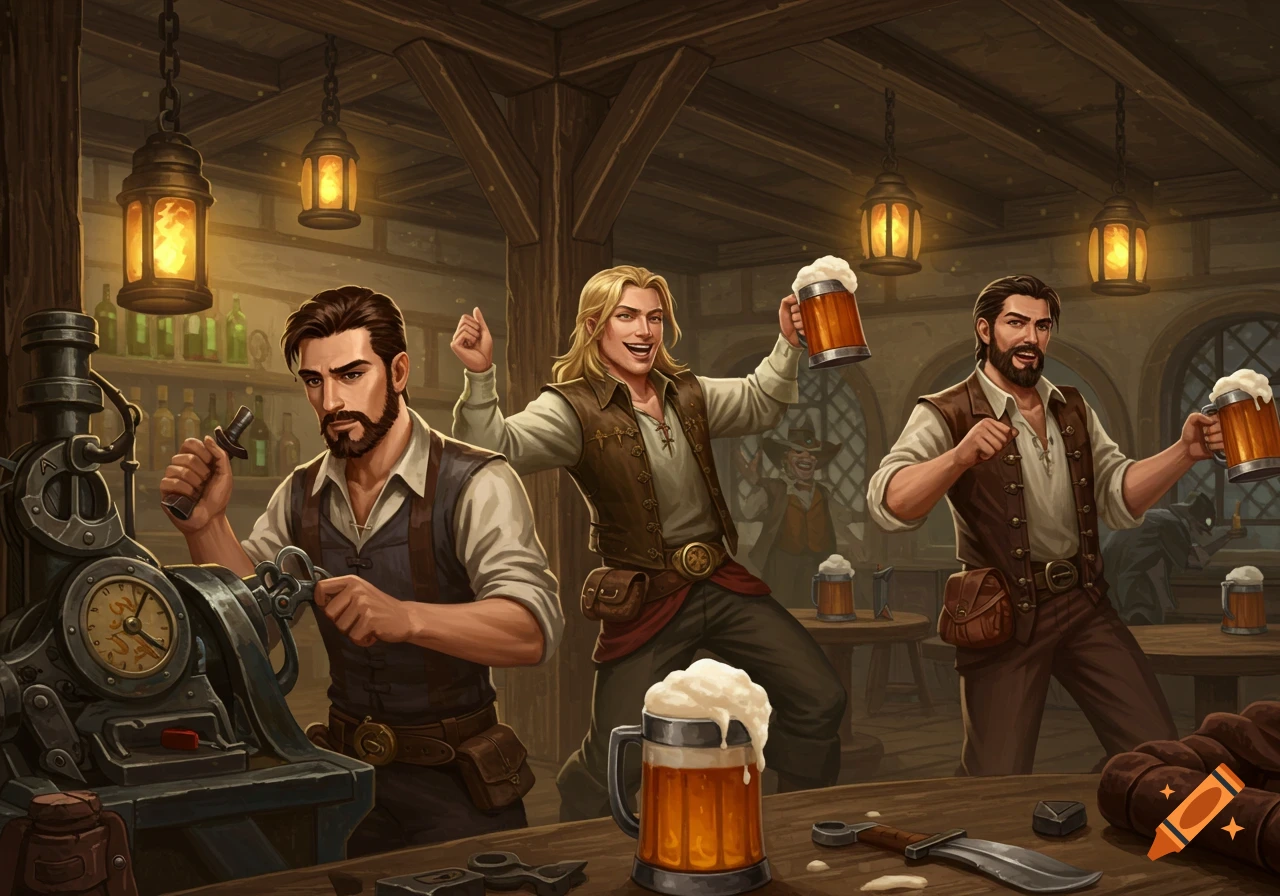 Stylized illustration of men in a rustic tavern enjoying beer; one operates a machine while two dance with their frothy tankards.