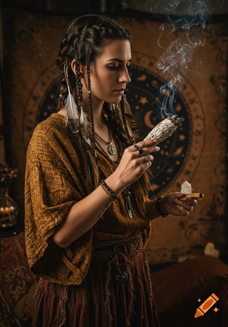 A woman with braided hair and feathers, dressed in pagan clothing, holds a smoking sage stick and a crystal in a mystical setting. Photorealistic.