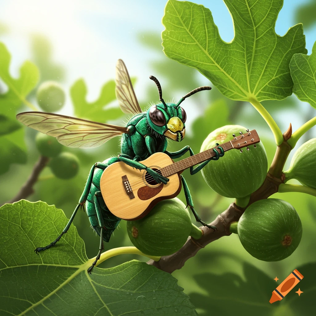 A vibrant green fig wasp plays an acoustic guitar on a fig tree branch with green leaves and fruit under a bright sky.