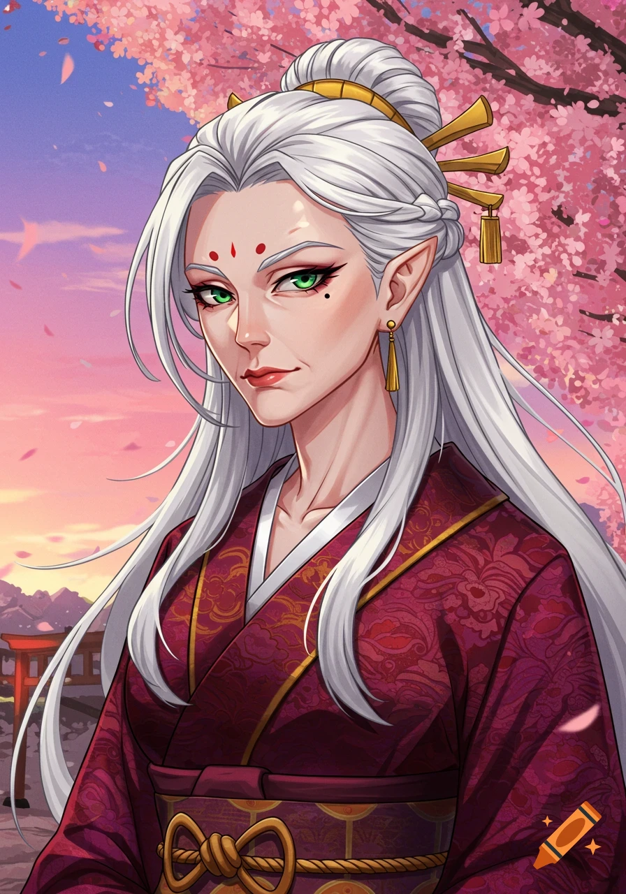 Anime portrait of an elf-like woman with white hair and green eyes, wearing a red kimono, against a backdrop of cherry blossoms and a sunset.