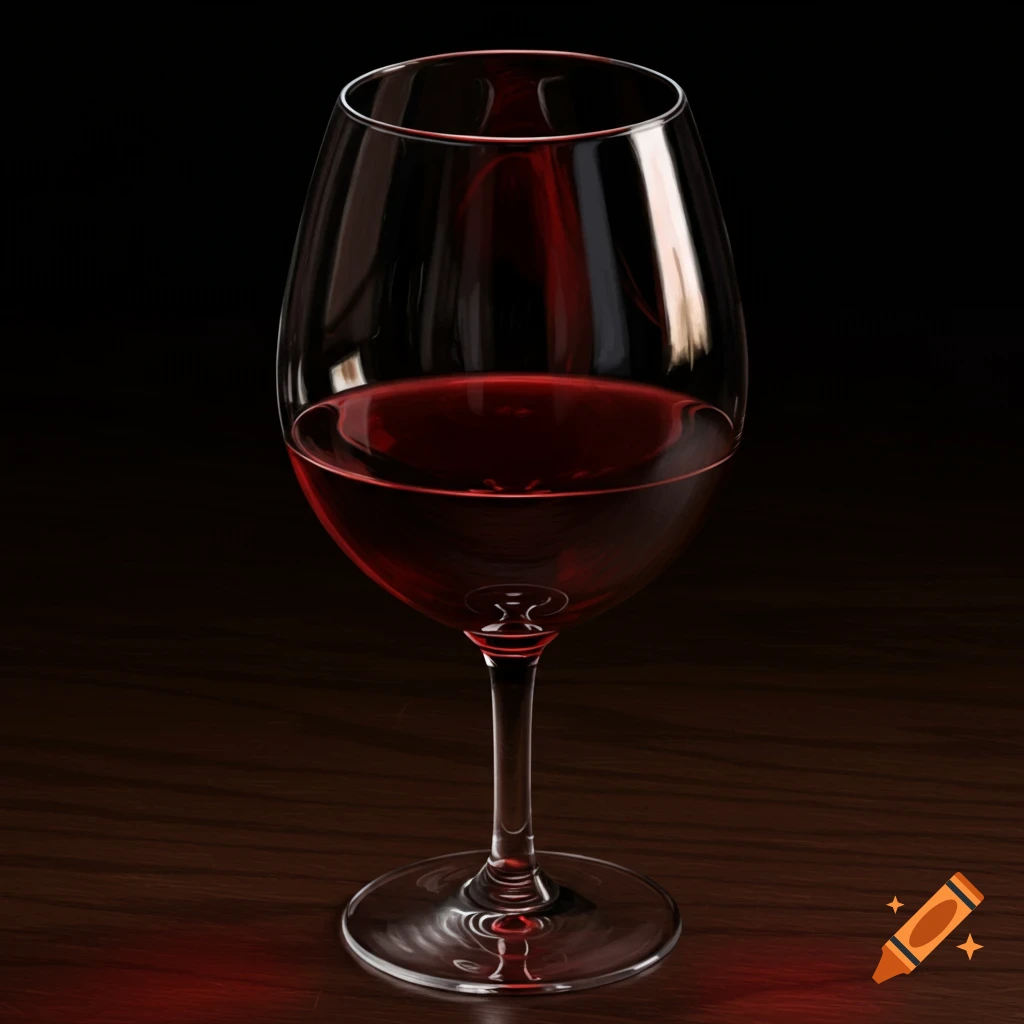 A photorealistic close-up of a wine glass filled with red wine on a dark wooden surface with a black background.