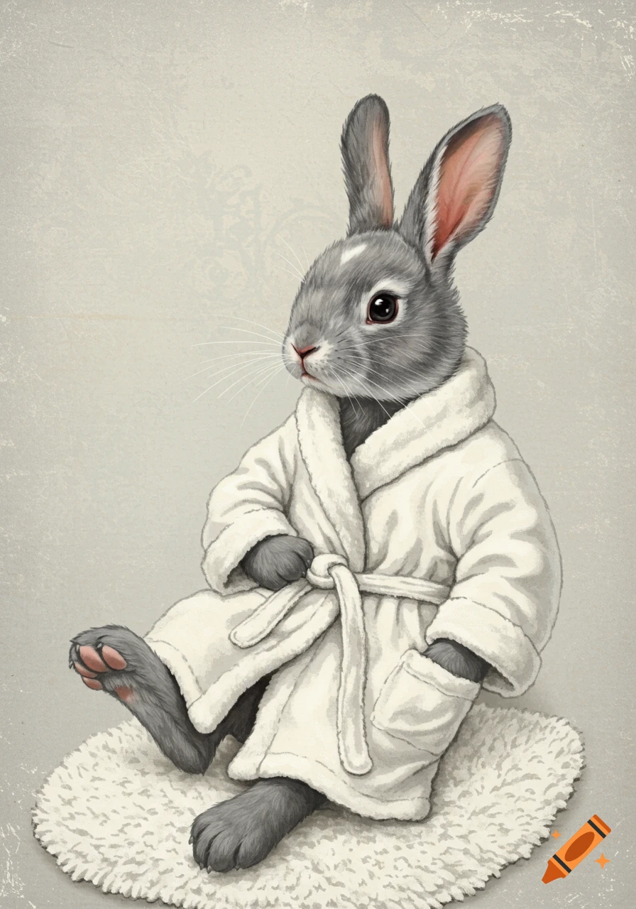 An illustrated grey and white bunny in a white bathrobe, sitting on a fluffy white rug.