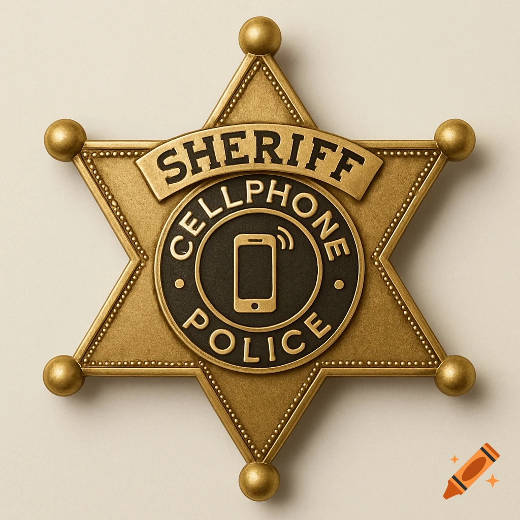 A gold sheriff's badge with 'SHERIFF' on top and 'CELLPHONE POLICE' in a circle around a smartphone icon in the center.