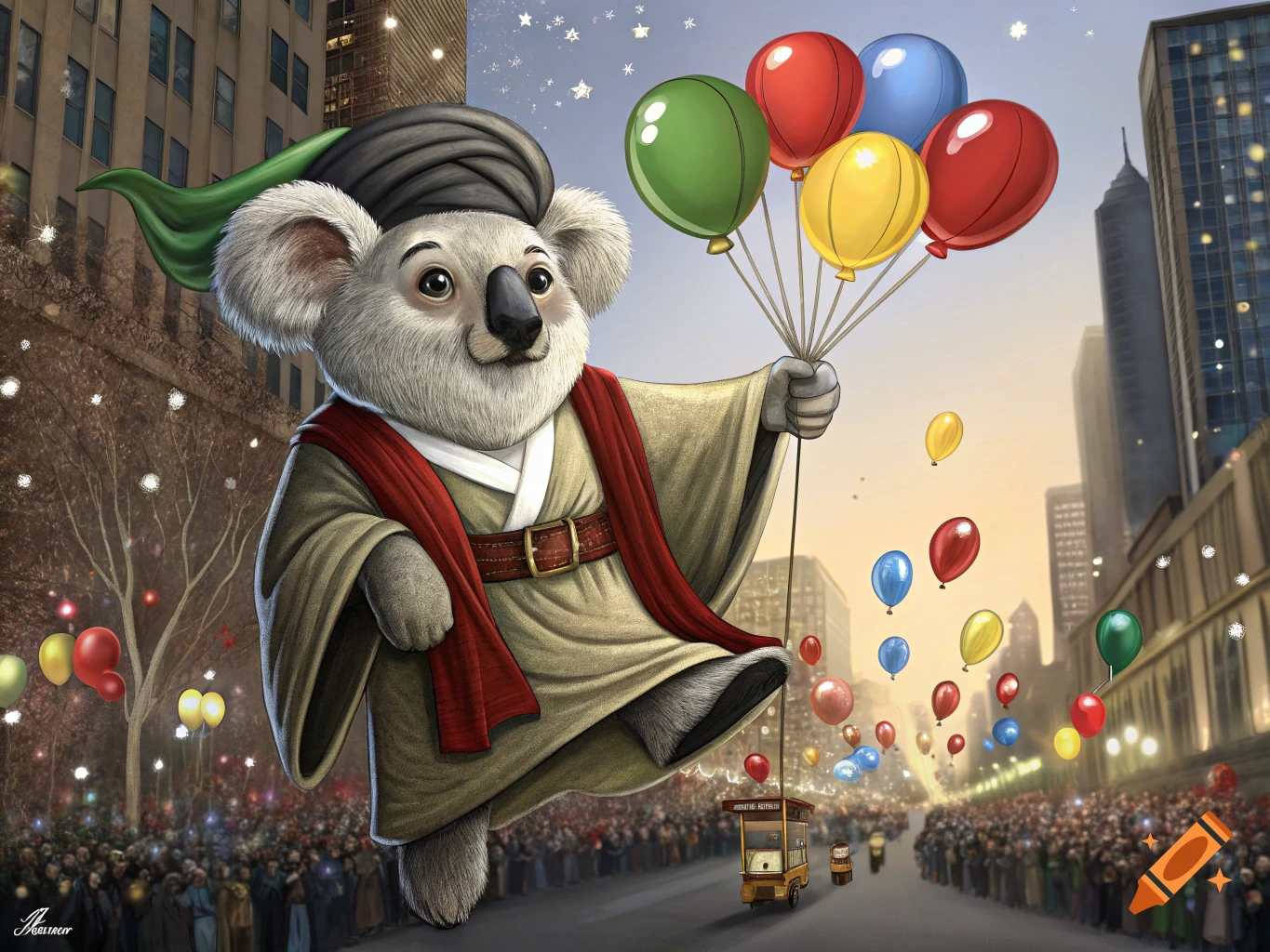 A cartoon koala bear in a turban and robes floats with balloons above a city parade filled with people and buildings.