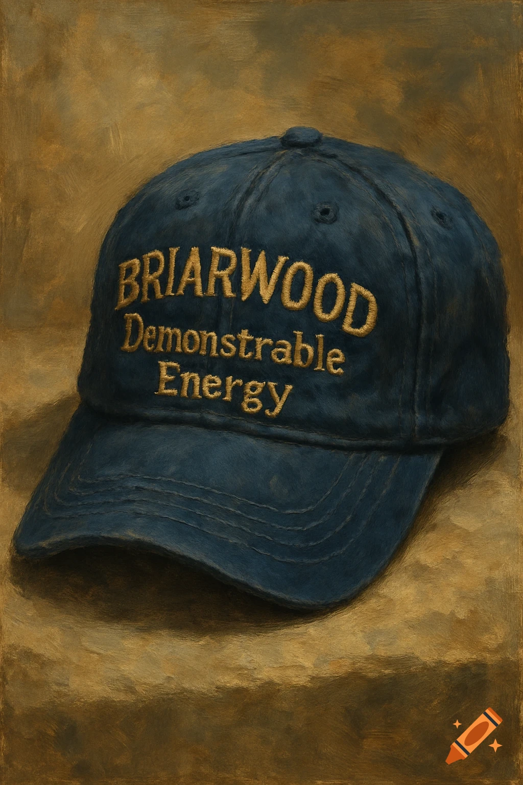 A blue baseball cap with "Briarwood Demonstrable Energy" embroidered in gold, rendered in an oil painting style.