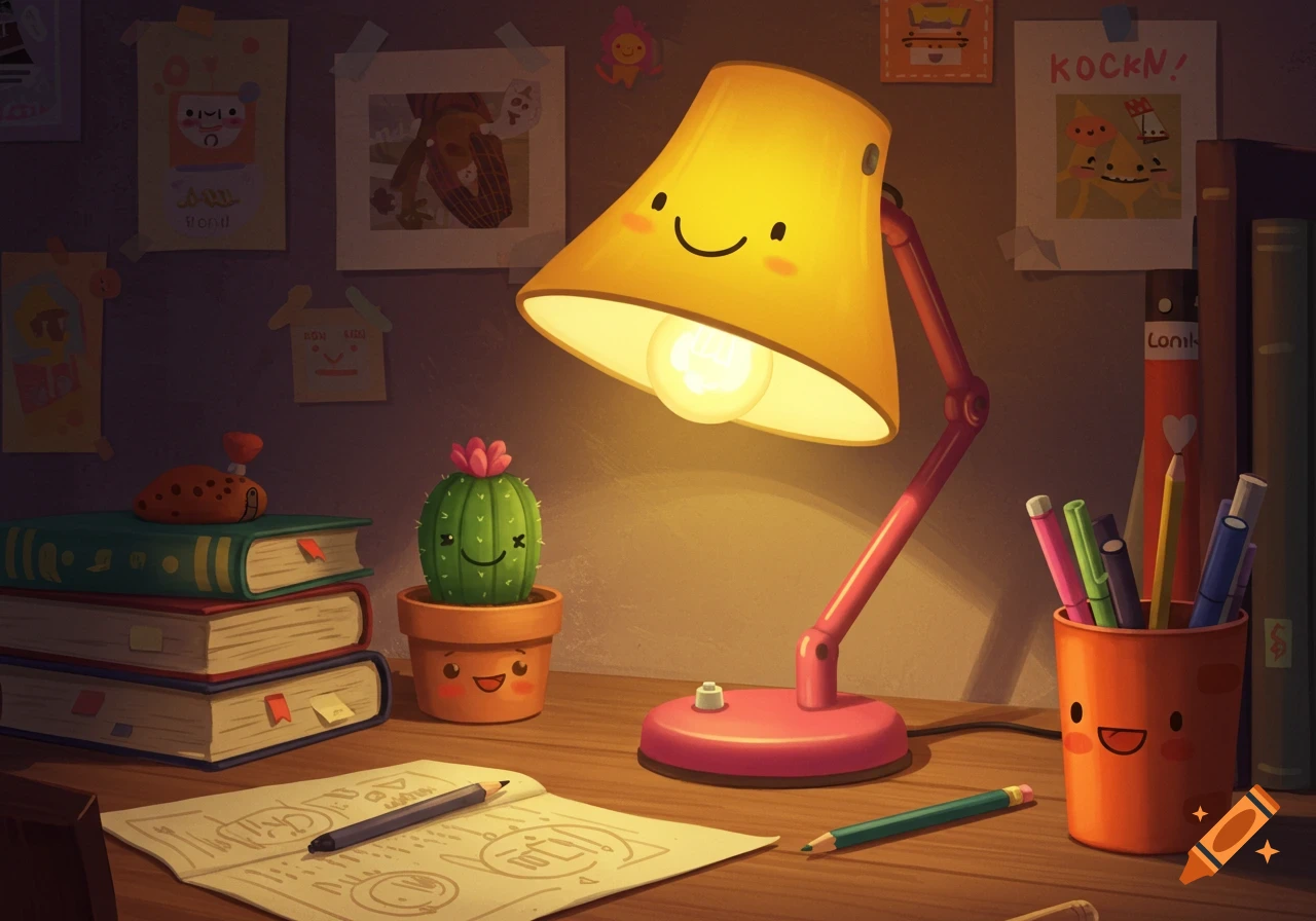 A cartoon desk scene with a yellow happy lamp illuminating books, a smiling cactus, pens in a cup, and a paper with drawings.