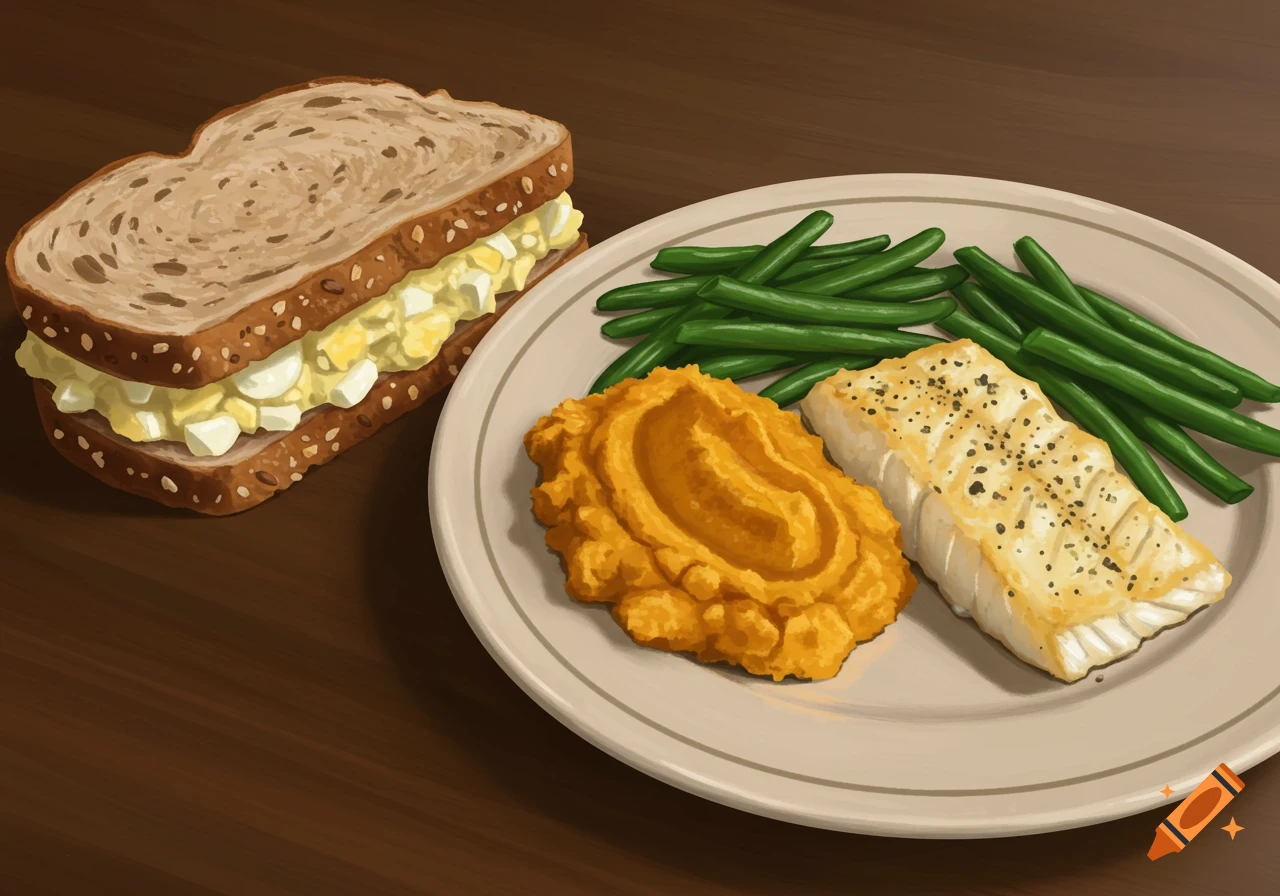 An egg salad sandwich on whole grain bread and a plate with baked cod, mashed sweet potatoes, and green beans.
