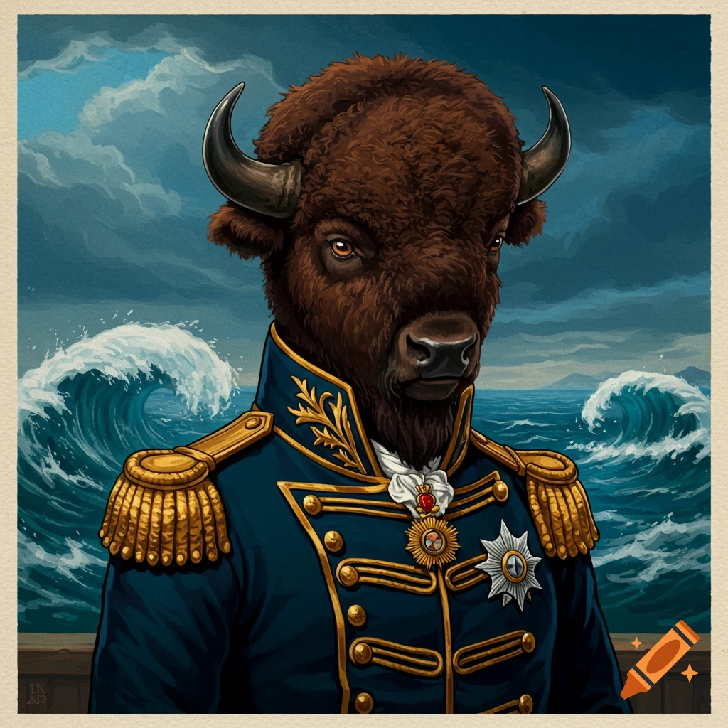 A majestic bison in a detailed blue naval admiral's uniform with gold epaulets, standing by a stormy ocean under a cloudy sky.