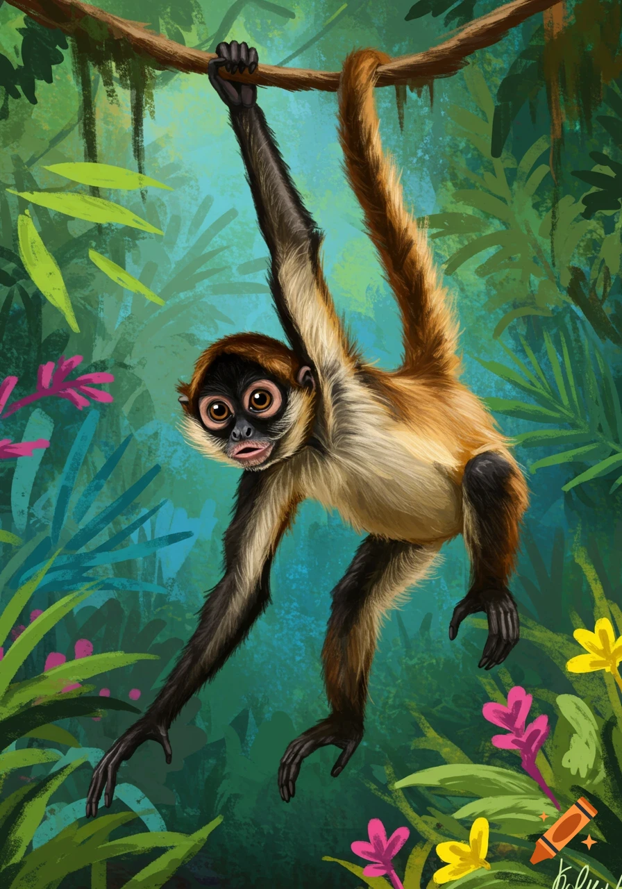 A colorful illustration of a spider monkey hanging from a tree branch by its tail in a lush green jungle.