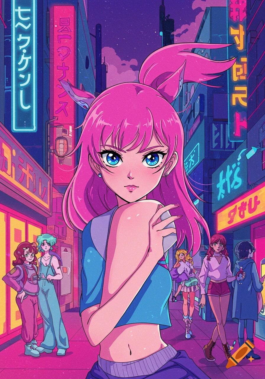 An anime-style woman with pink hair and blue eyes stands in a vibrant, neon-lit cyberpunk city street at night, with other anime characters in the background.
