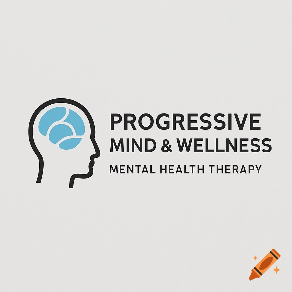 Logo with human head silhouette and blue brain shapes, text 'Progressive Mind & Wellness, Mental Health Therapy'.