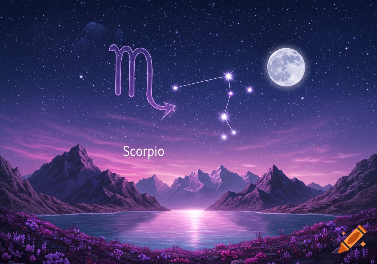The Scorpio zodiac symbol and constellation in a starry night sky with a full moon over mountains and a lake with purple flowers.