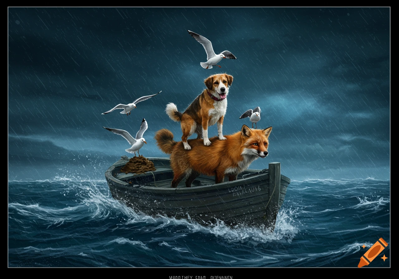 A dog stands on a fox in a rowboat amidst stormy seas under pouring rain, with seagulls flying around.