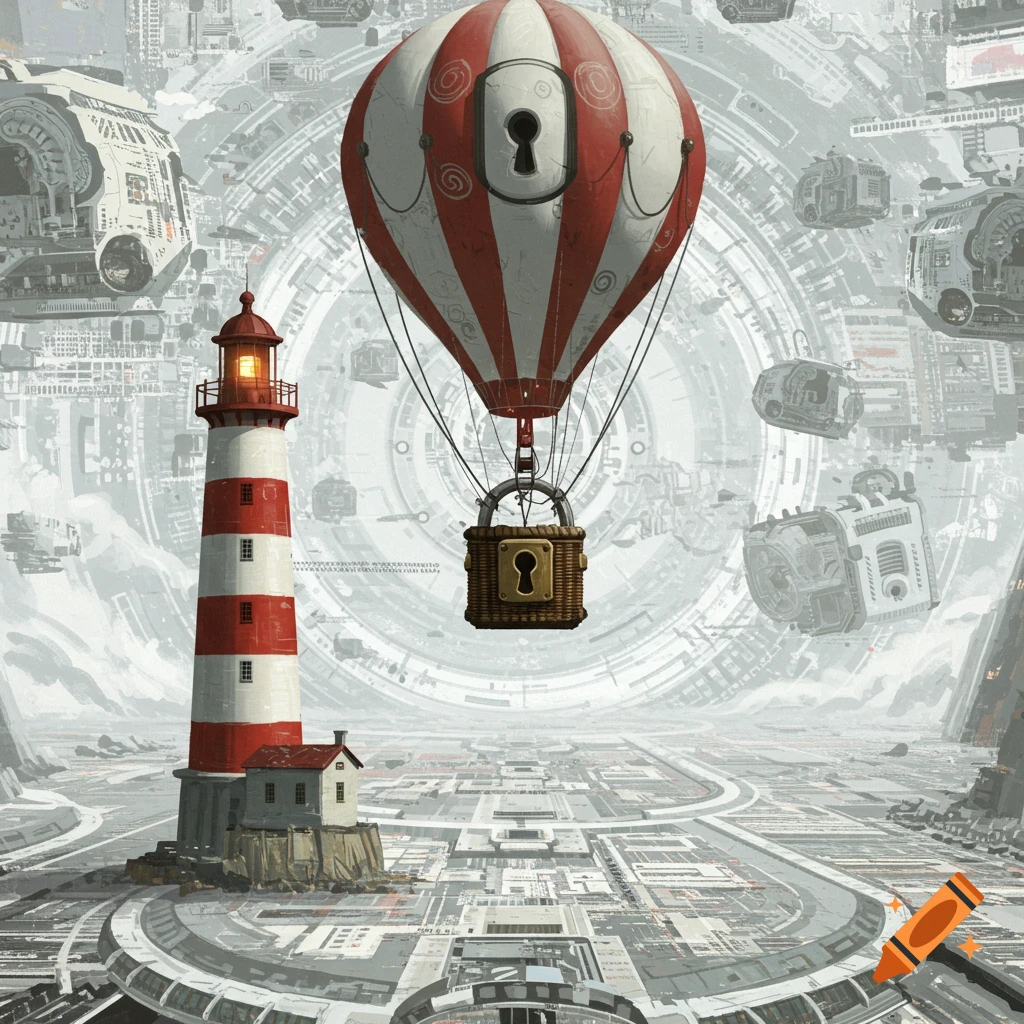 A red and white striped hot air balloon with a keyhole design and a lock basket floats over a futuristic, sterile cityscape with a red and white lighthouse.
