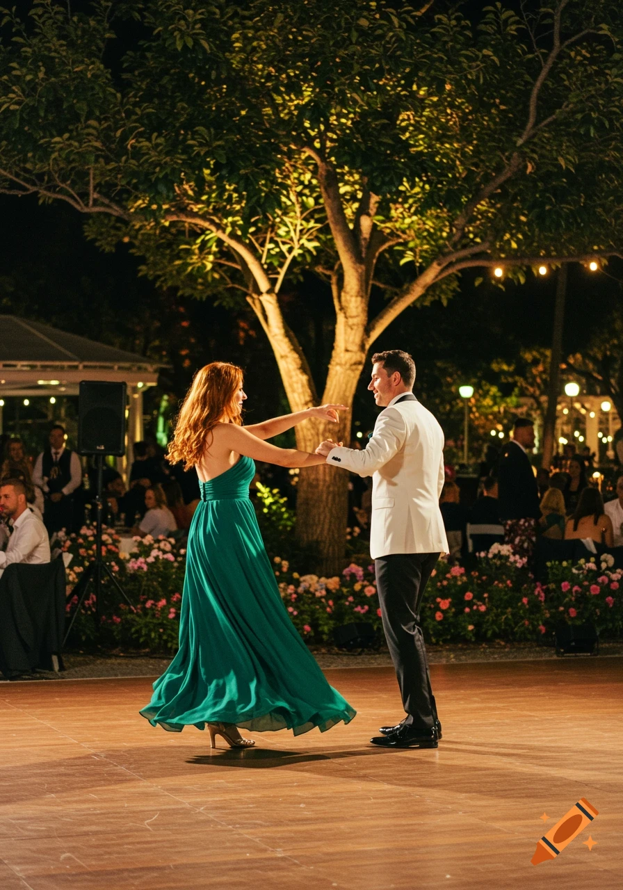 A man in a white suit and a woman in a green dress dance at an outdoor evening event under a lit tree.