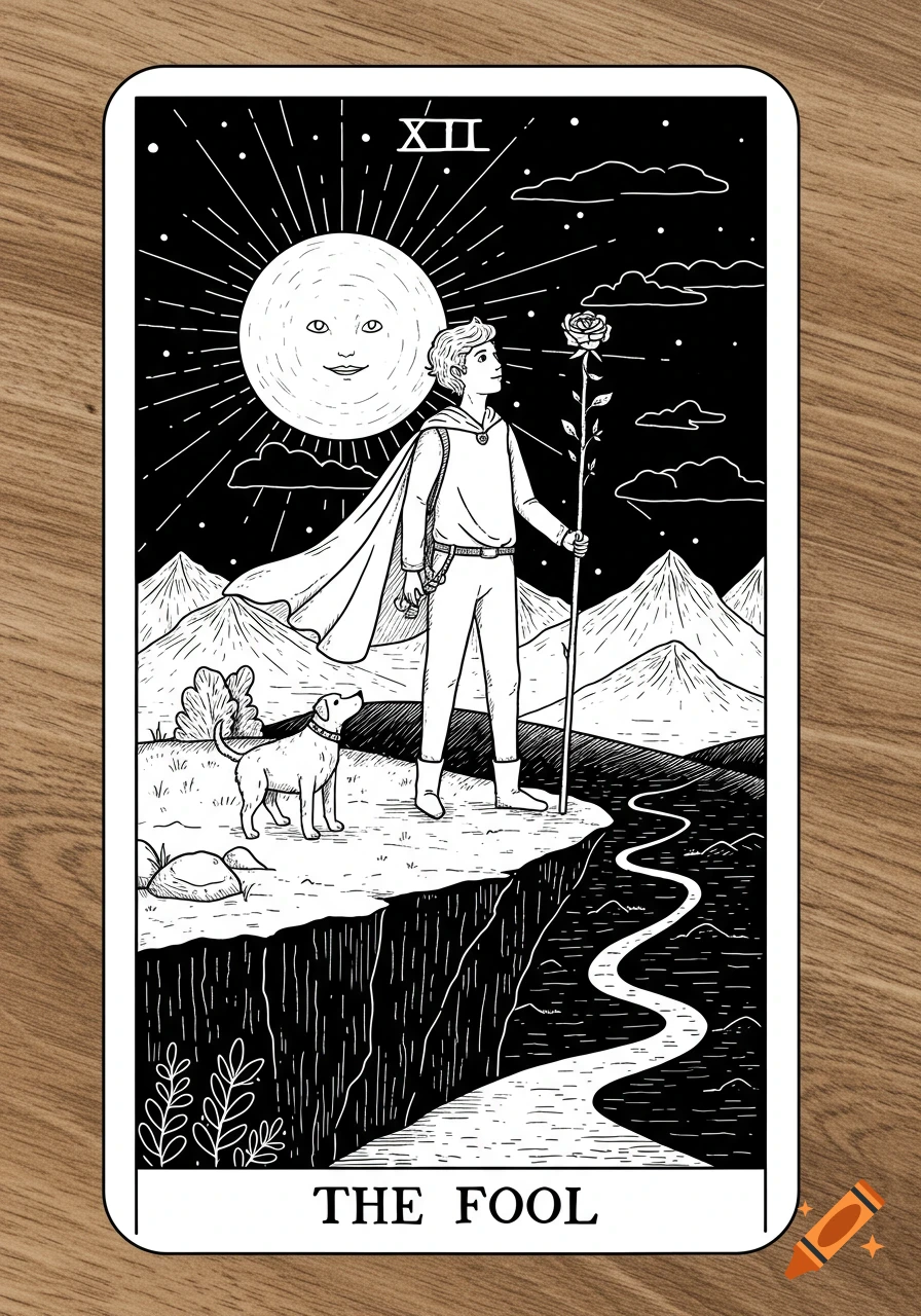 Black and white line art illustration of The Fool Tarot card depicting a youth, dog, and cliff under a sun.