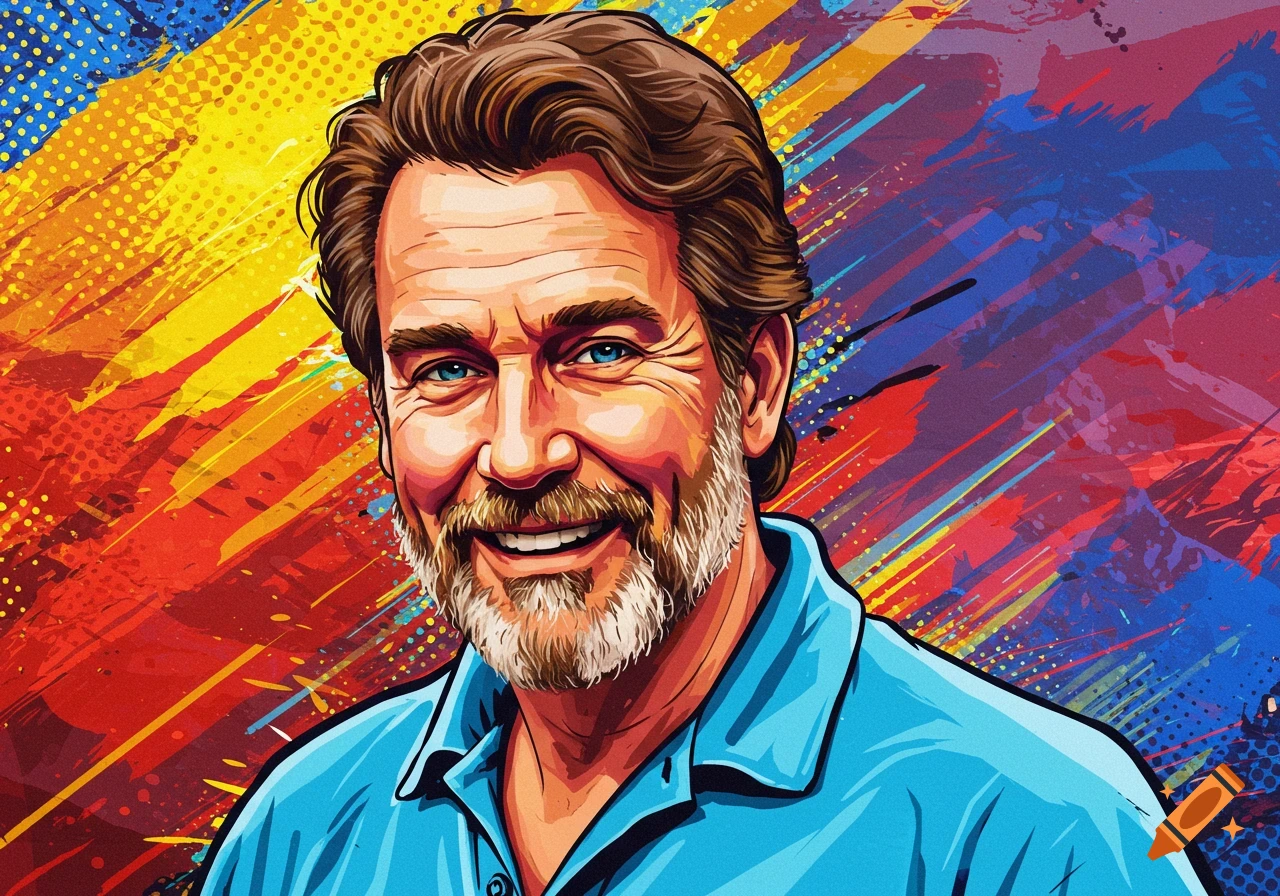 A smiling bearded man in a blue shirt, depicted in a vibrant cartoon style against a colorful abstract background.