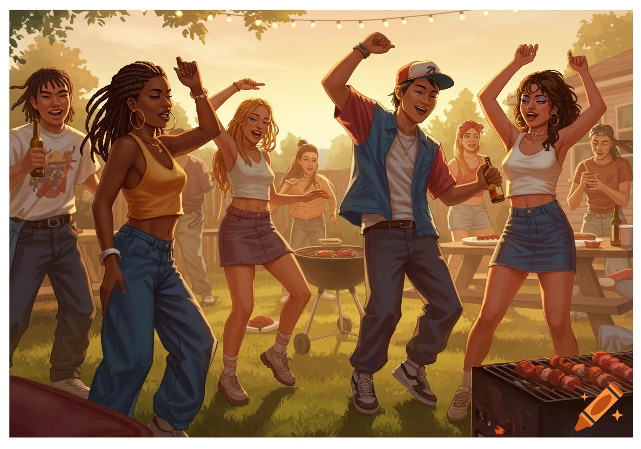 A cartoon-style illustration of a diverse group of young adults dancing joyfully at an outdoor cookout during sunset.