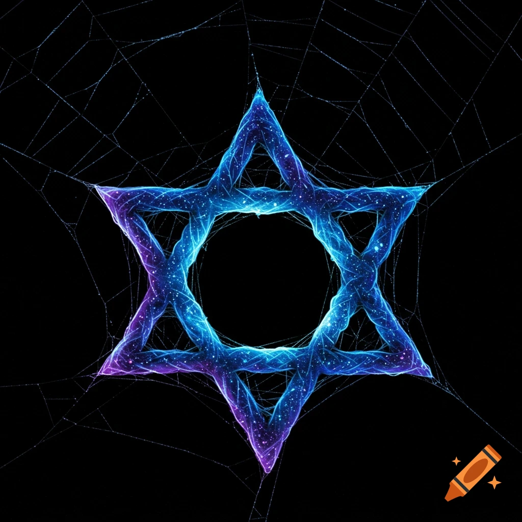 A glowing, ethereal Star of David formed from a spiderweb, set against a dark background.