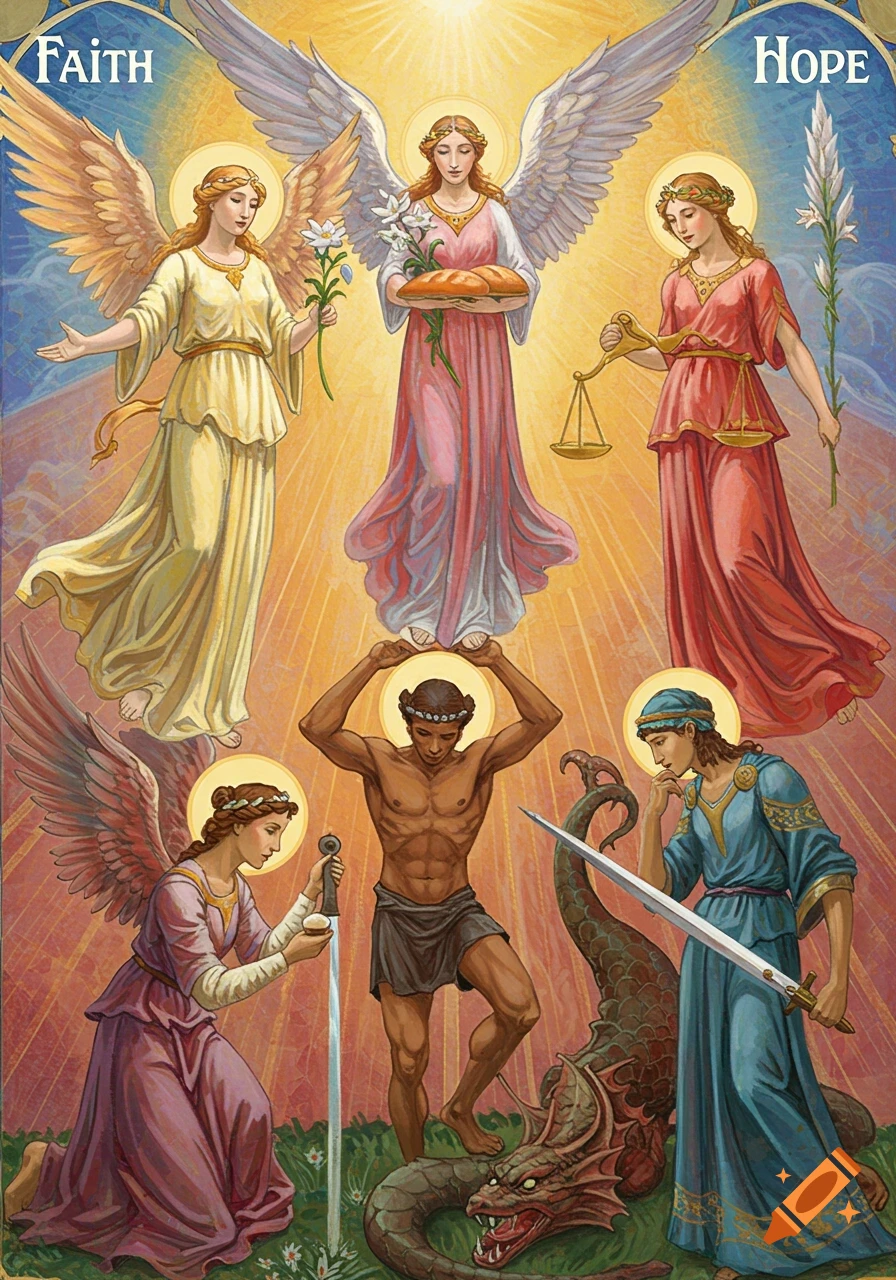 A classical painting depicting winged angels and human figures, including a man battling a dragon, with 'Faith' and 'Hope' inscribed.