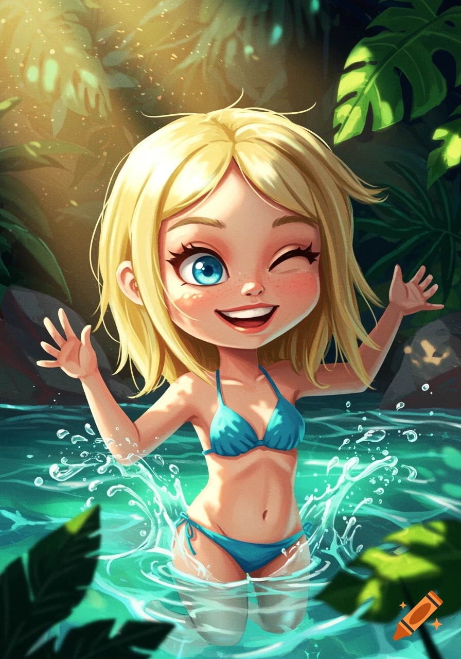 A cute cartoon girl with blonde hair and blue eyes, wearing a blue bikini, winks and smiles while playing in a lush tropical water setting with splashes.