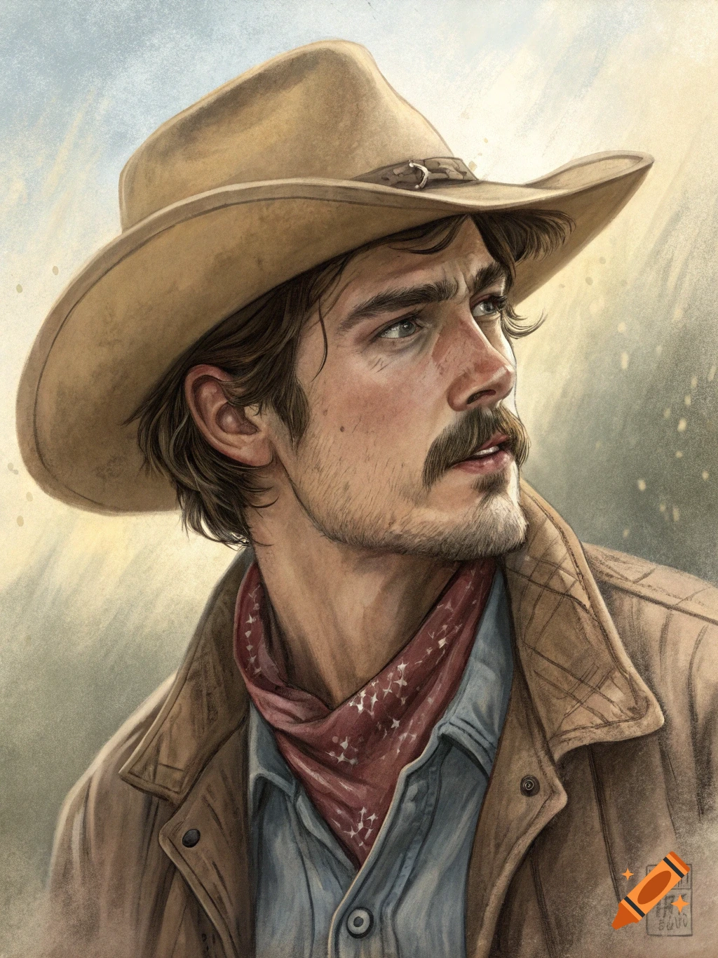 A rugged young cowboy with a mustache and beard stubble wears a tan hat, brown jacket, and red bandana, looking right in a painterly style.