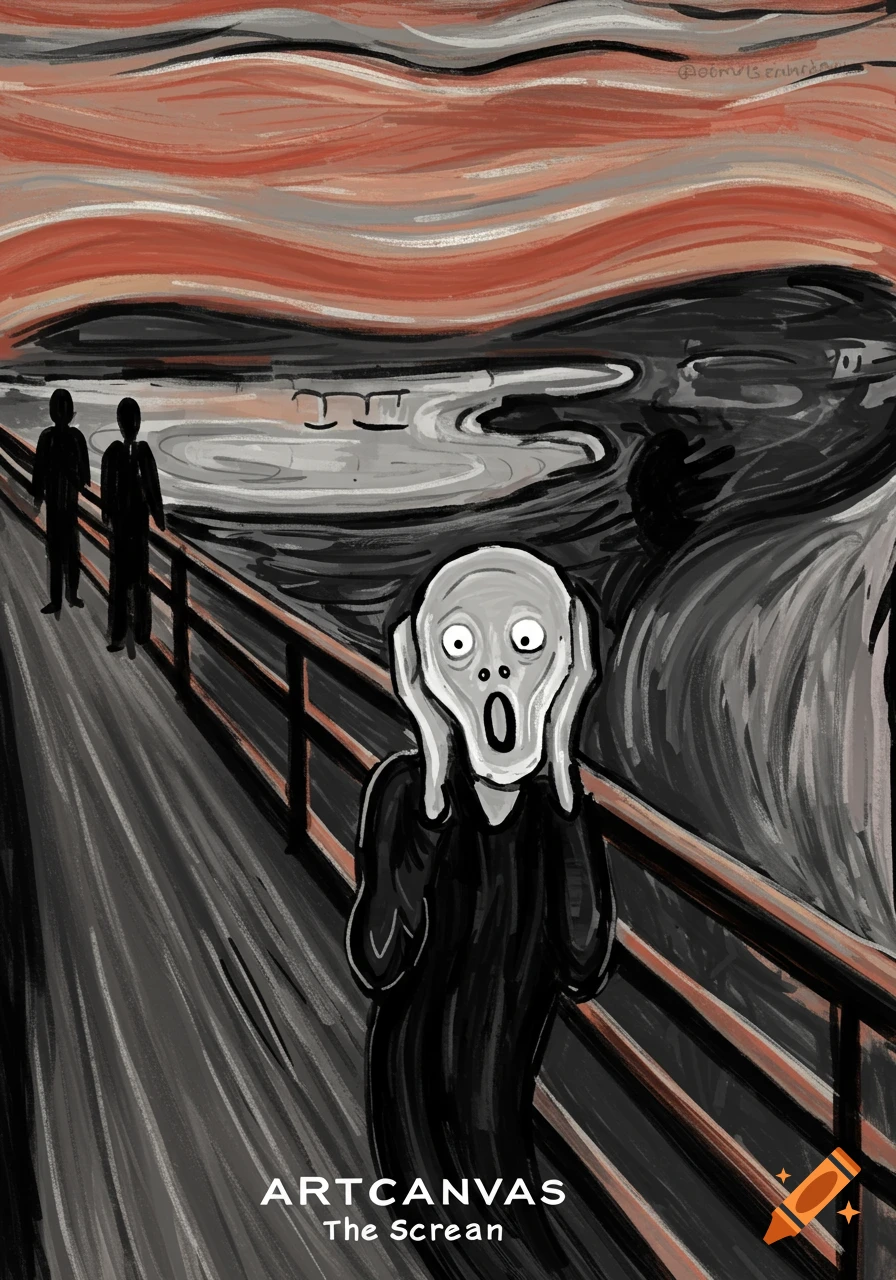 A simple parody of Edvard Munch's The Scream in black, white, and orange, with the title 'ARTCANVAS The Scream' at the bottom.