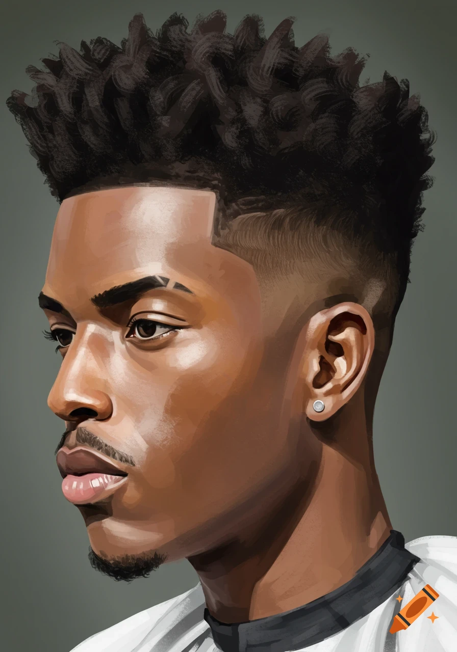 Side profile digital painting of a man with a low fade haircut, dark curly hair, mustache, goatee, and an earring.