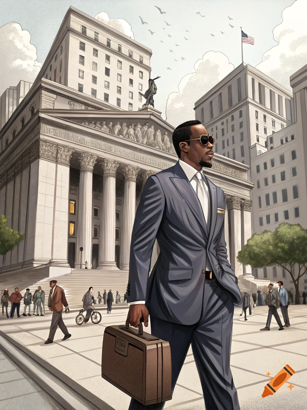 An illustrated man resembling Diddy in a suit and sunglasses walks with a briefcase outside a grand courthouse building in a city.