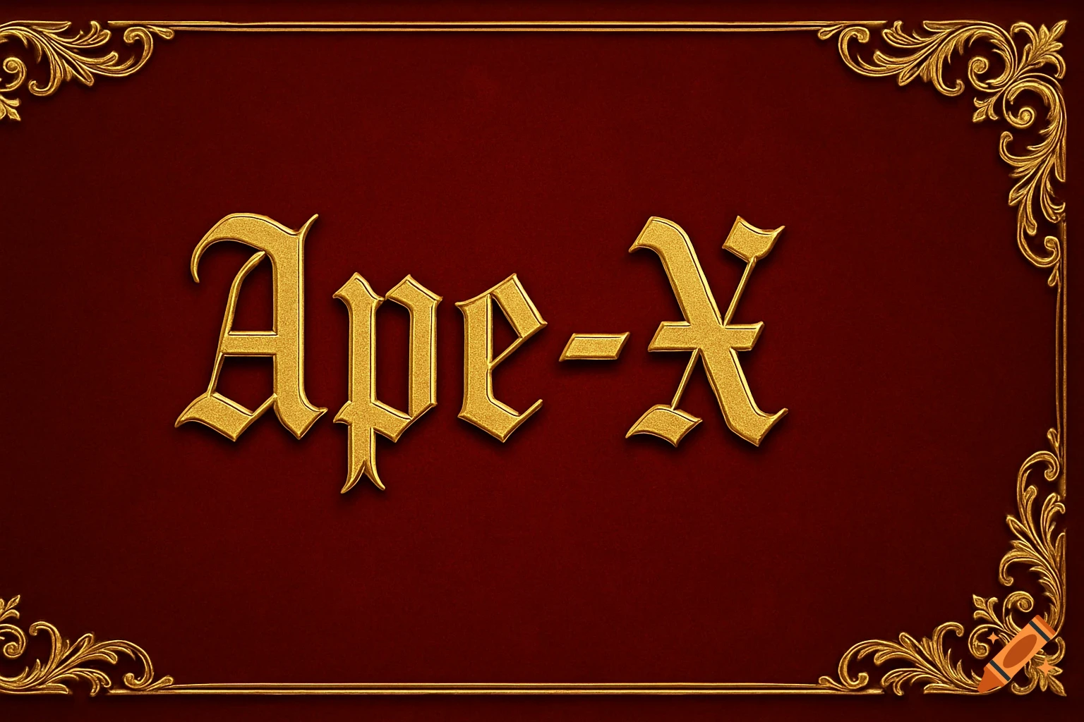Gold 'Ape-X' text in blackletter font centered on a rich red background with ornate gold baroque borders.