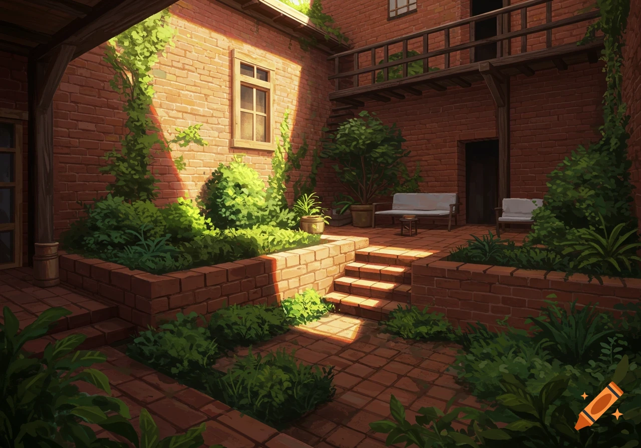 A sunlit rustic courtyard with red brick walls and floors, multiple levels, overflowing green plants, and benches.