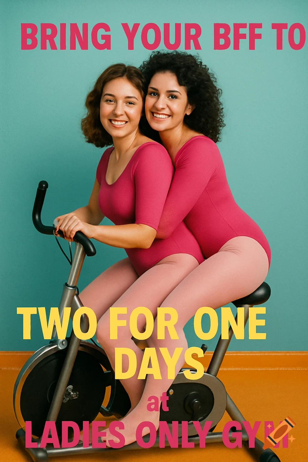 Two smiling women in pink leotards and tights share an exercise bike, positioned back to back, against a teal wall, with advertisement text.
