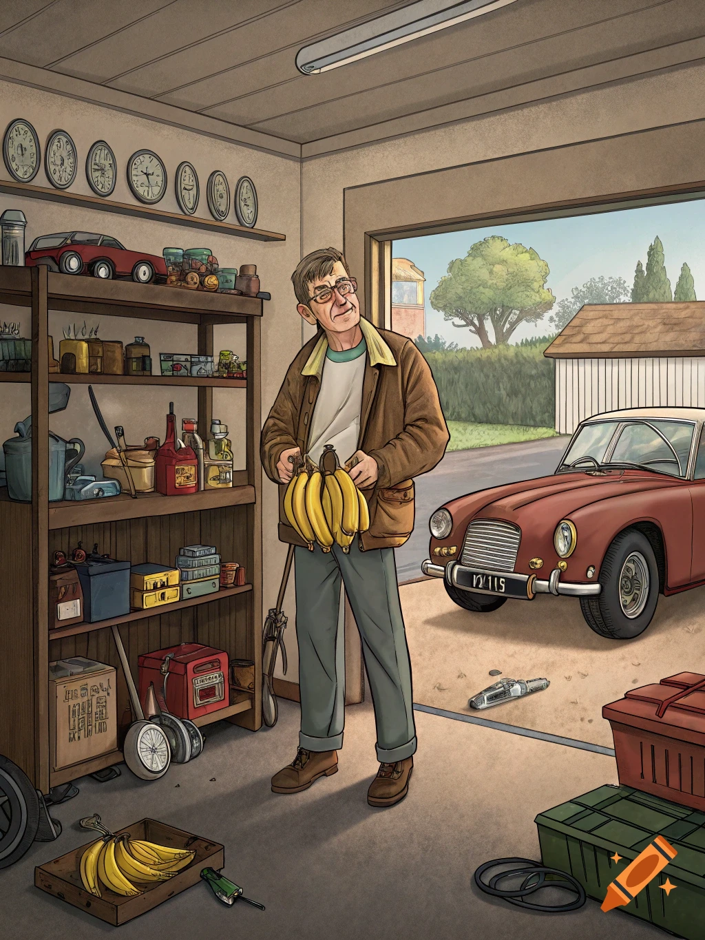 An illustrated image of an older man in a garage, holding a bunch of bananas. A red classic car is parked outside the open garage door.