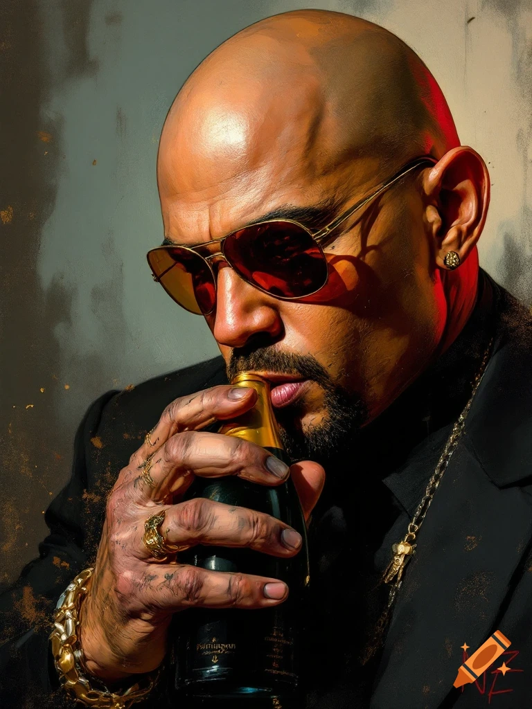 A close-up, high-contrast digital painting of a bald man with sunglasses and a goatee, holding a dark bottle with golden accents, adorned with gold jewelry.
