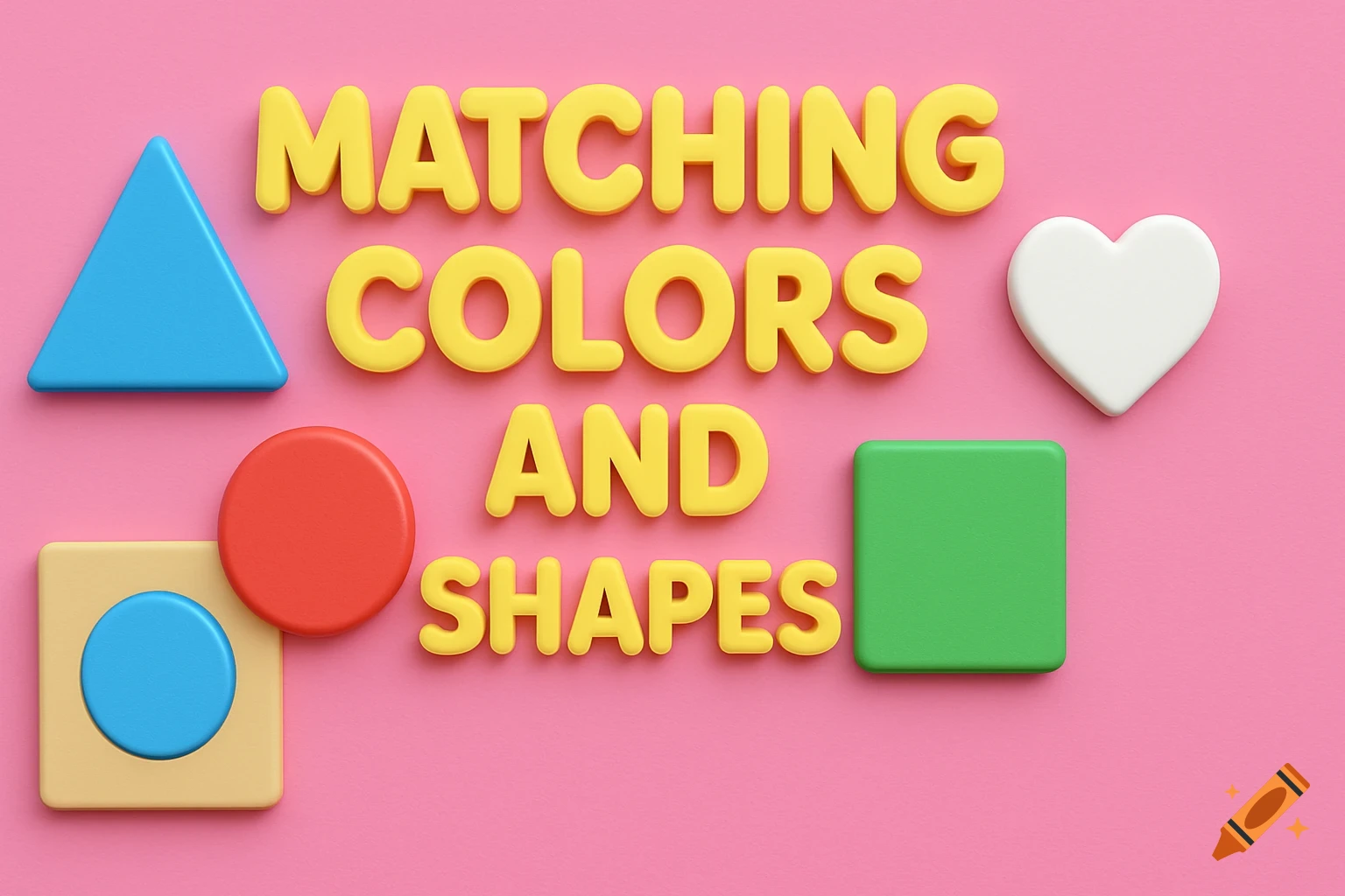 A 3D illustration of colorful shapes like a blue triangle, red circle, green square, and white heart on a pink background, with yellow text that reads "MATCHING COLORS AND SHAPES".