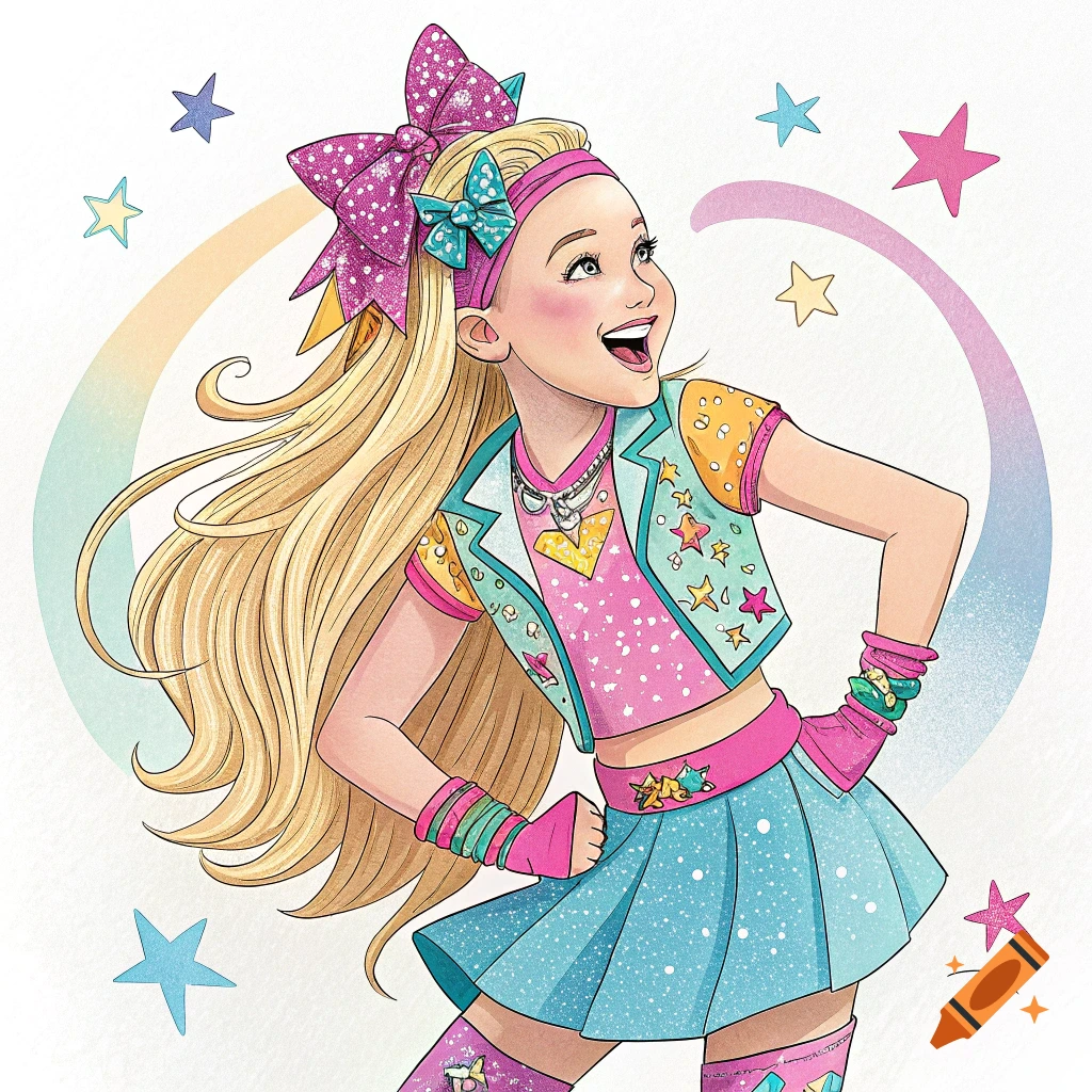 A vibrant cartoon illustration of a girl resembling JoJo Siwa, with a large pink bow, blonde hair, and a colorful, star-themed outfit.