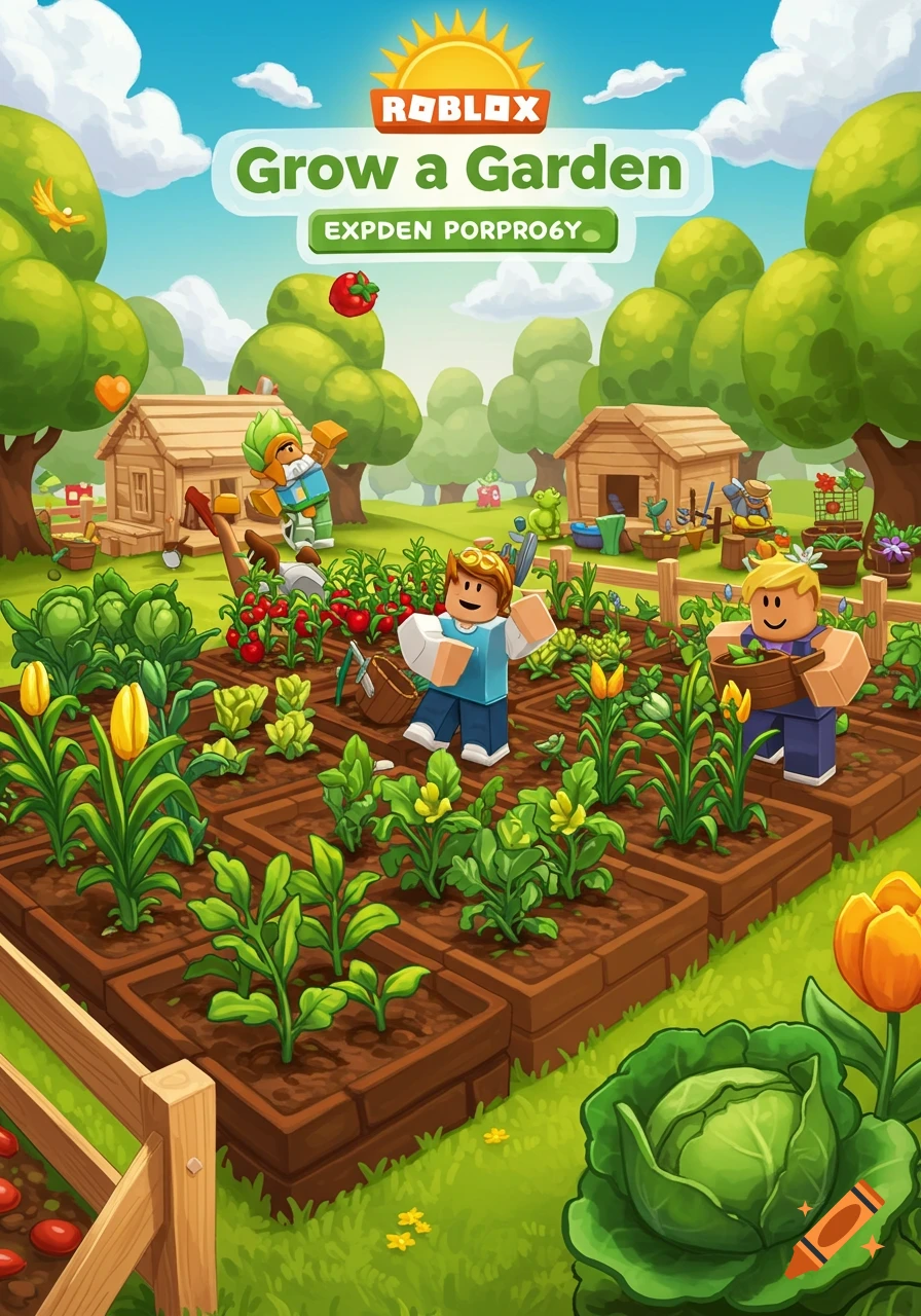 Cartoon style image featuring Roblox characters tending a vibrant garden with various plants, a sun in the sky, and wooden houses in the background. Text reads 'ROBLOX Grow a Garden' and 'EXPDEN PORPRO6Y'.