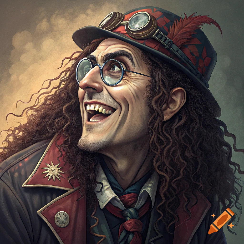 Close-up portrait of a smiling man with long curly hair, glasses, and a steampunk-style hat with goggles and a feather.