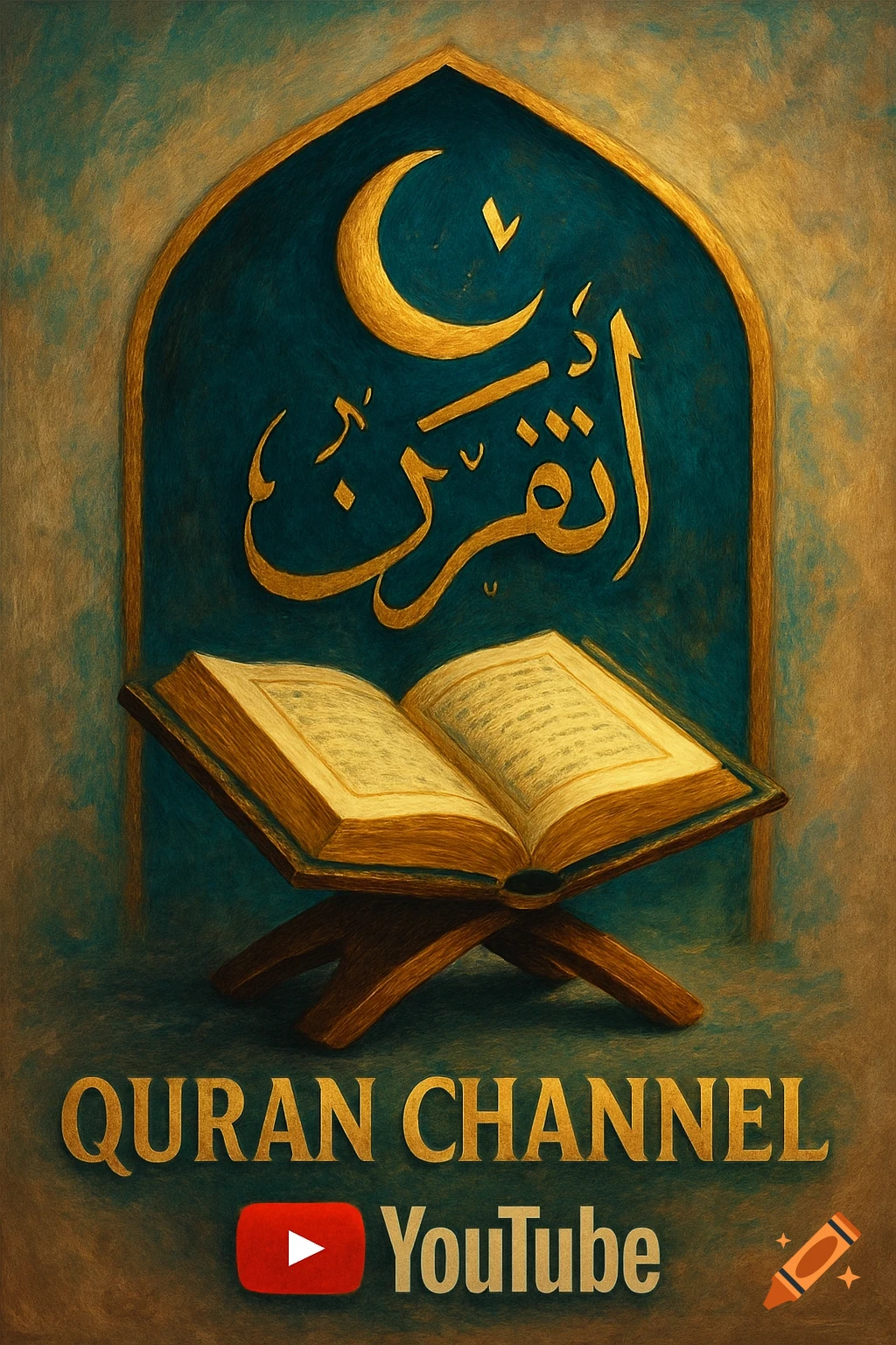 A painterly logo for a Quran channel, featuring an open book on a stand under an arch with golden Arabic calligraphy and a crescent, above 'QURAN CHANNEL YouTube' text.